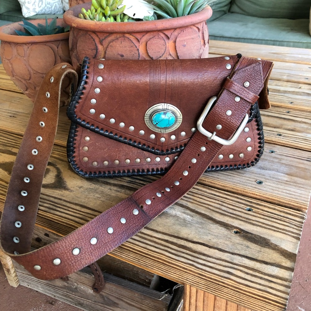 Vintage leather purse with silver and turquoise